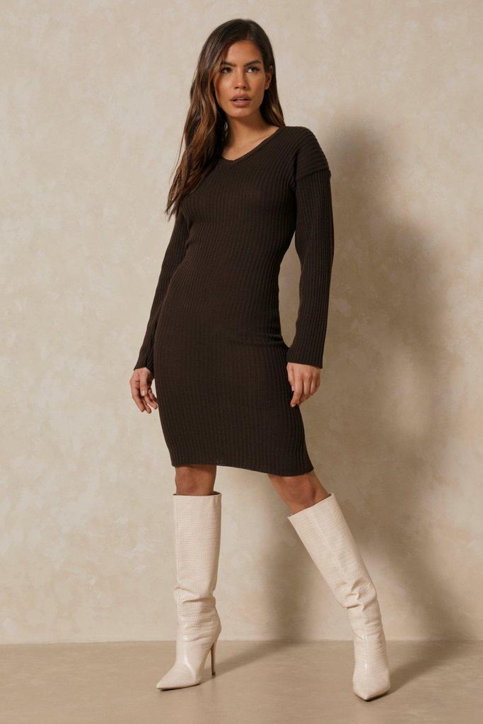 Womens Knitted V Neck Midaxi Dress - chocolate - XL, Chocolate