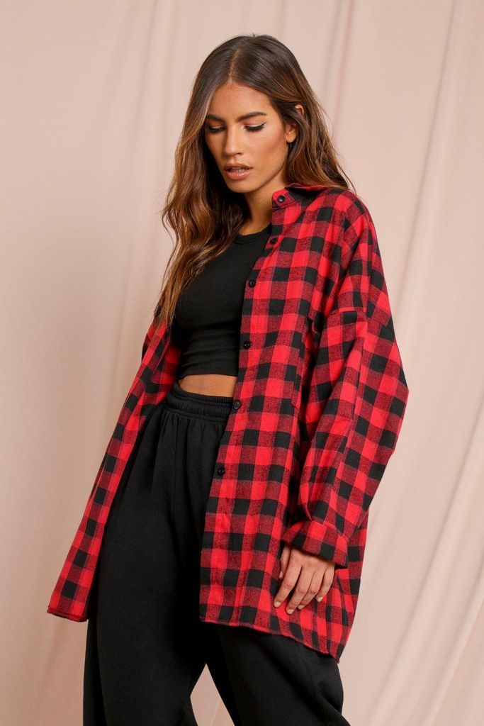 Womens Oversized Checked Shirt - red - One Size, Red