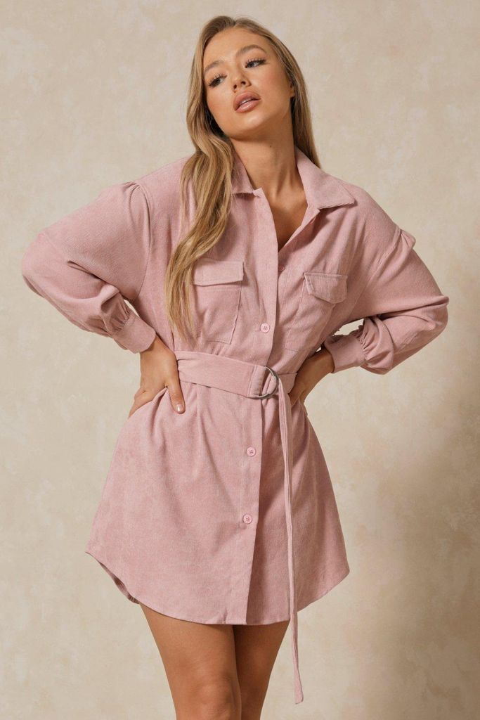 Womens Belted Cord Puff Sleeve Shirt Dress - dusky pink - 8, Dusky Pink
