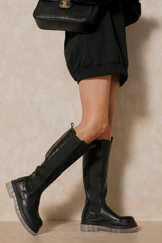 Womens Leather Look Clear Sole Knee High Boots - black - 3, Black