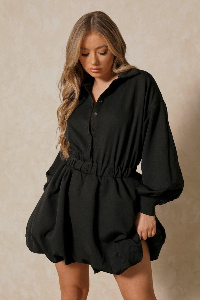 Womens Button Up Extreme Puff Sleeve Mini Dress - black - 6, Black
