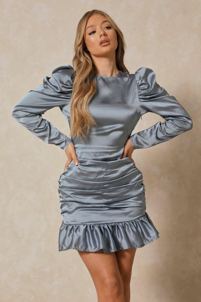 Womens Satin Puff Sleeve Ruched Frill Detail Mini Dress - blue - 10, Blue