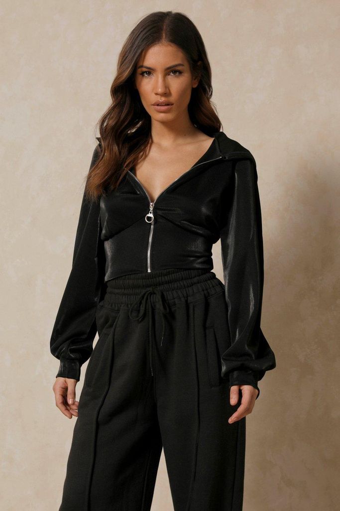 Womens Corset Waist Textured Zip Hoodie - black - 12, Black