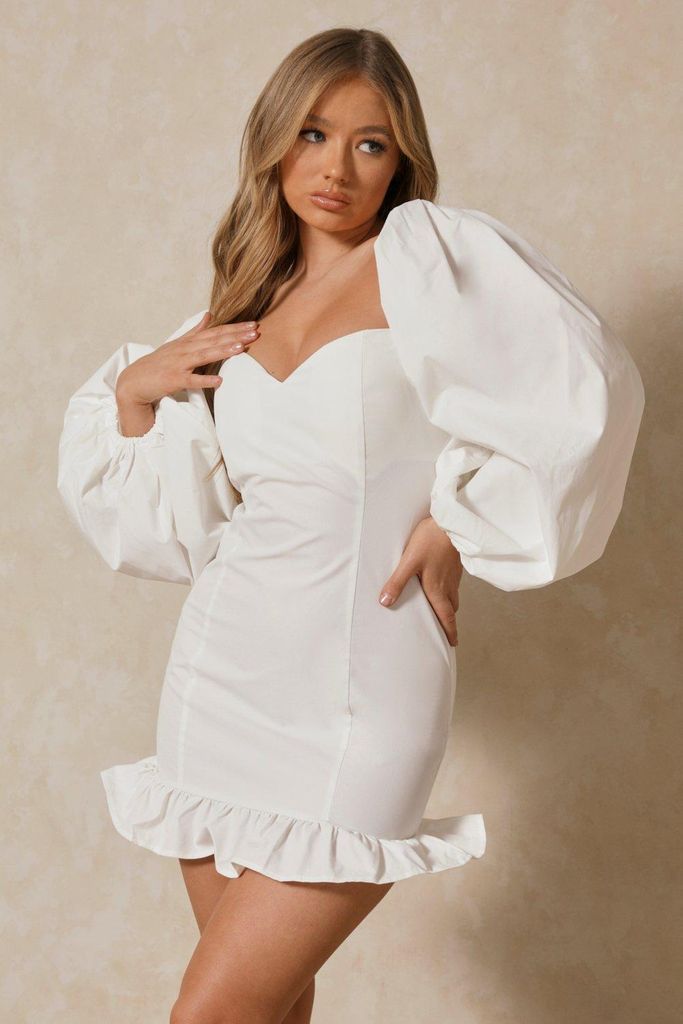 Womens Puff Sleeve Frill Hem Mini Dress - white - 6, White