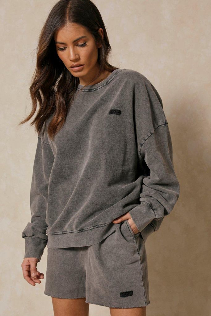 Womens Misspap Branded Acid Wash Sweatshirt - grey - 8, Grey
