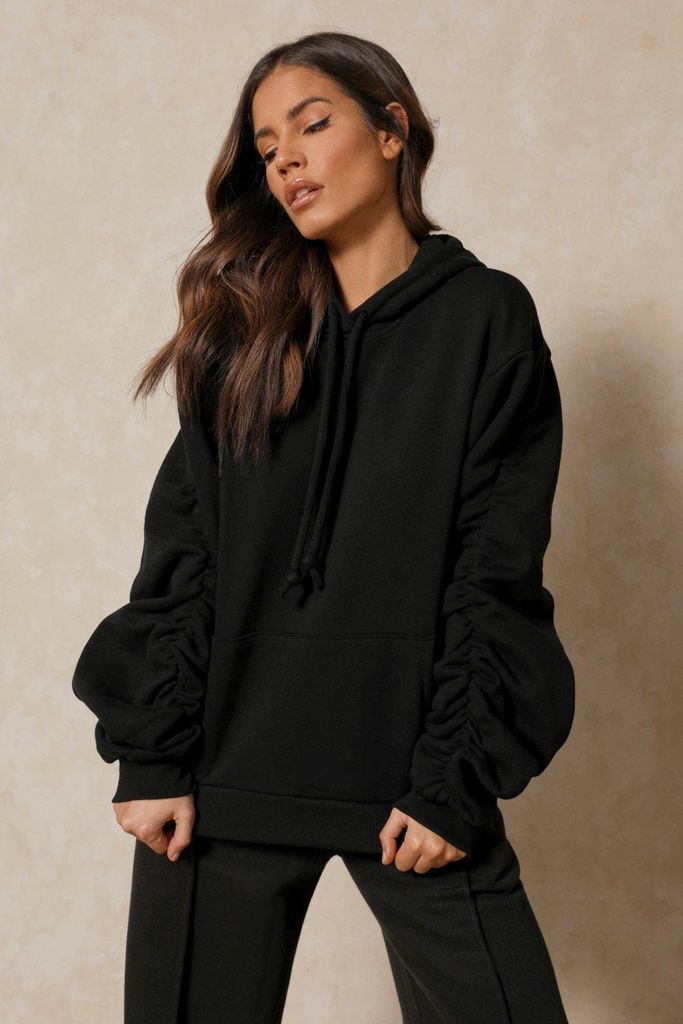 Womens Oversized Ruched Arm Hoodie - black - 12, Black