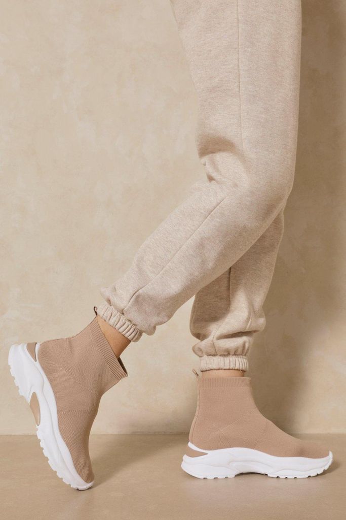 Womens Chunky Knitted High Top Trainers - nude - 3, Nude