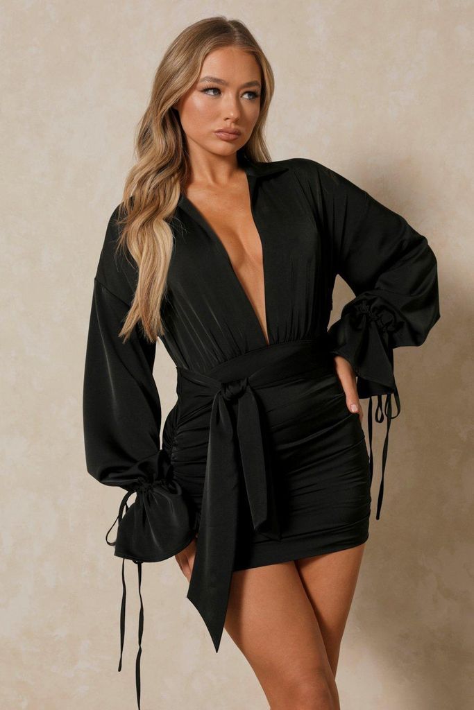 Womens Premium Satin Plunge Front Ruched Mini Dress - black - 8, Black