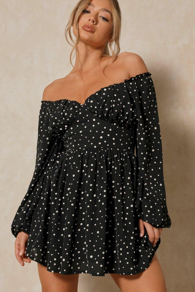 Womens Polka Dot Off Shoulder Mini Dress - black - 6, Black