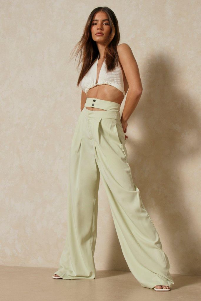 Womens Double Waistband Wide Leg Trousers - sage - 16, Sage