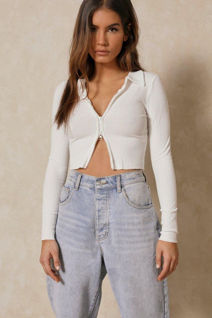 Womens Knitted Collared Zip Front Top - white - L, White