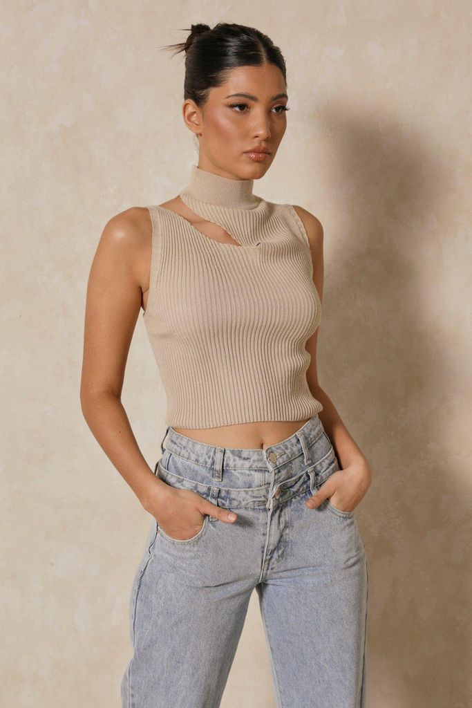 Womens Knitted Cut Out Shoulder Top - stone - 12, Stone
