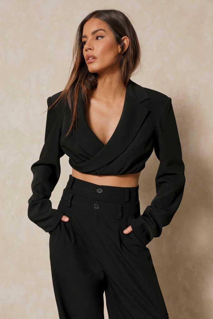 Womens Premium Tailored Draped Cropped Blazer - black - 6, Black