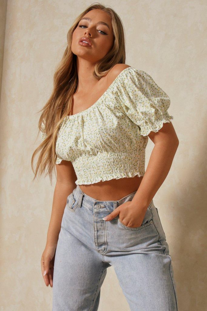 Womens Ditsy Floral Shirred Crop Top - white - S, White