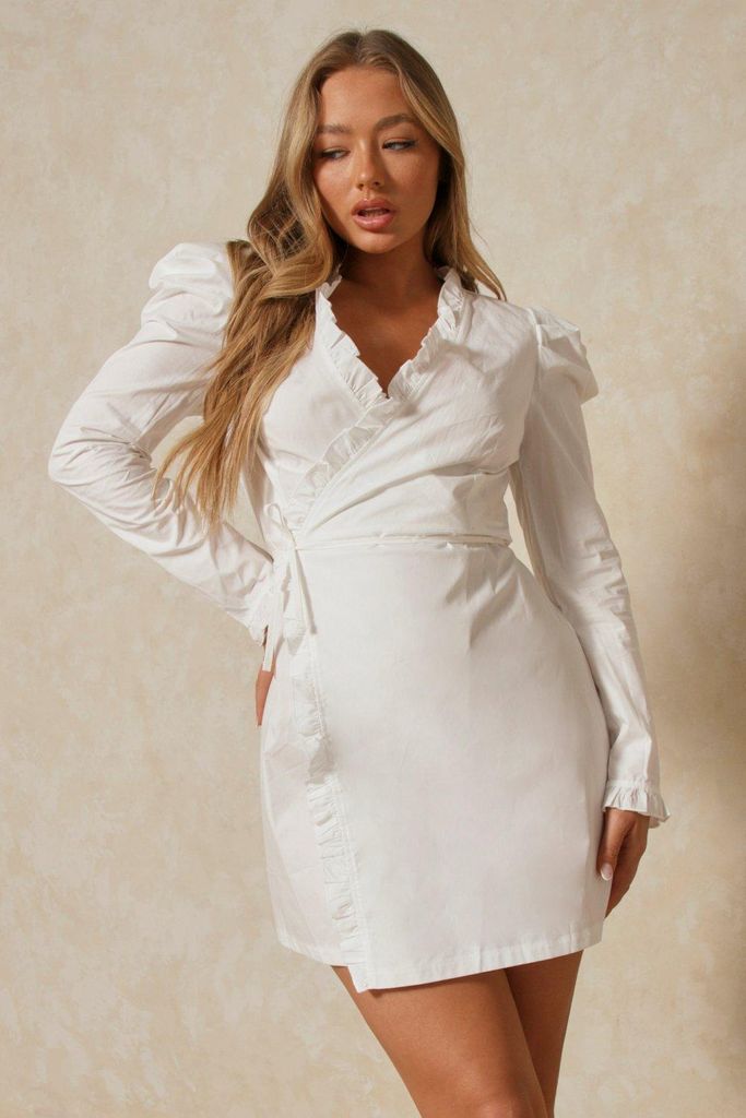 Womens Ruffle Detail Wrap Shirt Dress - white - S, White