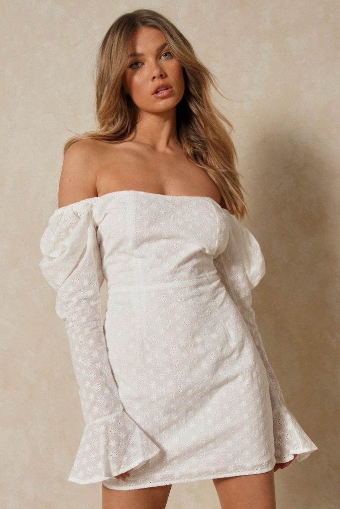 Womens Broderie Anglaise Puff Sleeve Mini Dress - white - 16, White