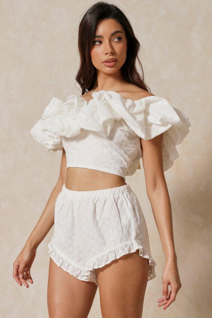 Womens Broderie Anglaise Bardot Frill Crop Top - white - 16, White