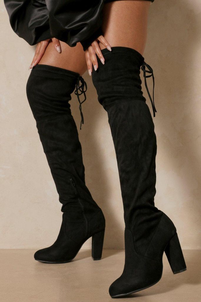 Womens Black Tie Back Block Heel Thigh High Boots - 3, Black