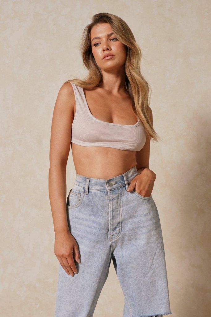 Womens Ribbed Scoop Crop Top - stone - 10, Stone