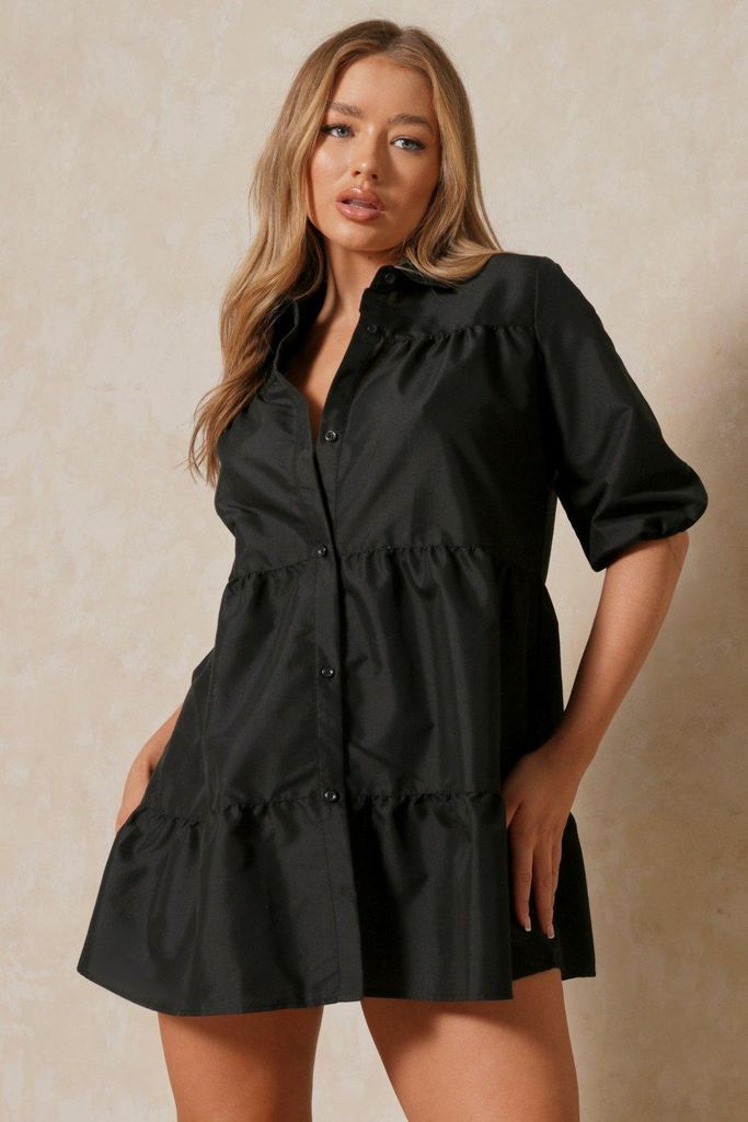 Womens Puff Sleeve Smock Shirt Dress - black - 8, Black