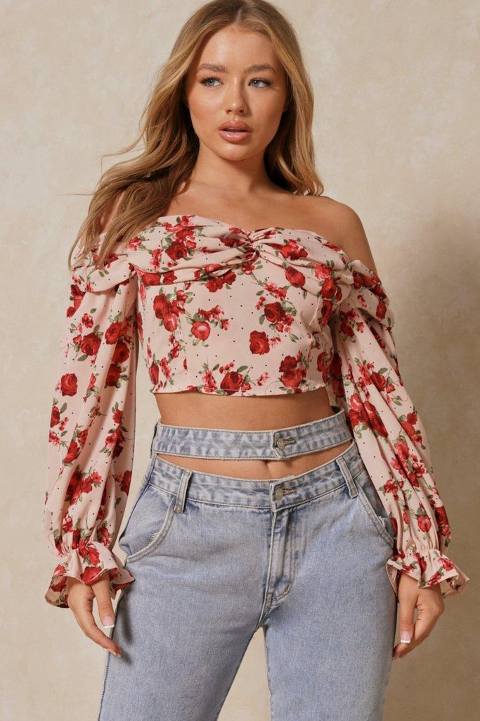 Womens Floral Off The Shoulder Ruched Detail Top - nude - 6, Nude