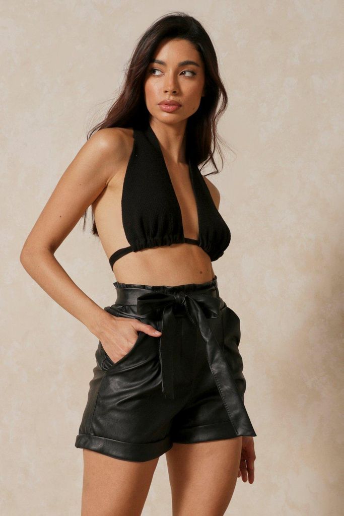 Womens Leather Look Paper Bag Shorts - black - S/M, Black