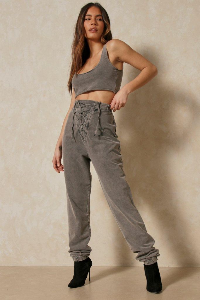 Womens Acid Wash Lace Up Jogger And Crop Co-ord - grey - 8, Grey