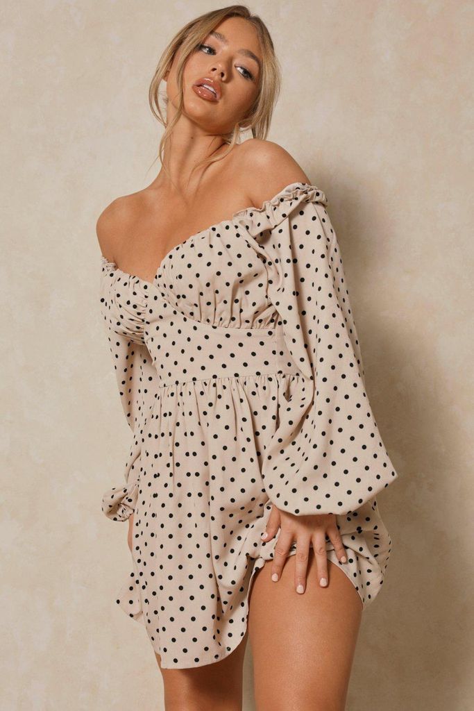 Womens Polka Dot Off Shoulder Mini Dress - stone - 6, Stone