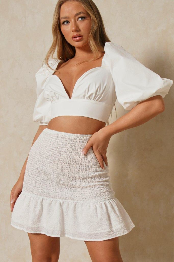 Womens Textured Shirred Ruffle Hem Mini Skirt - white - 6, White