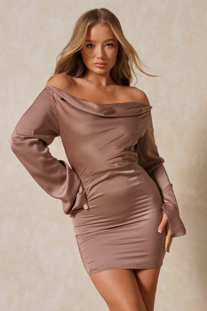 Womens Premium Satin Cowl Long Sleeve Dress - chocolate - 8, Chocolate