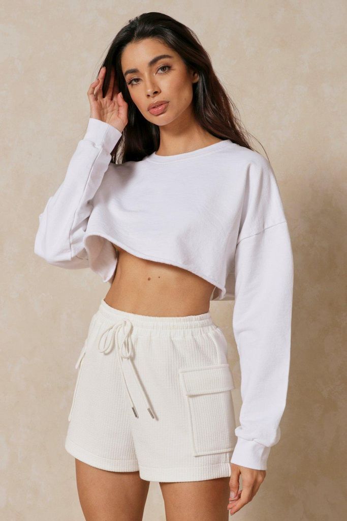 Womens Raw Hem Cropped Sweatshirt - white - 6, White
