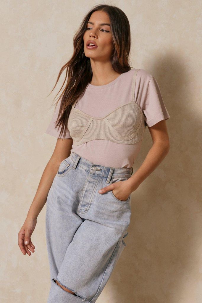 Womens Knitted Crop Detail T-shirt - stone - 6, Stone