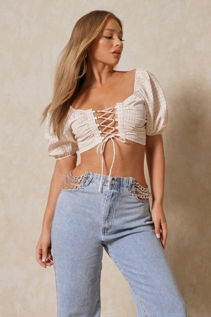Womens Gingham Puff Sleeve Lace Up Corset - nude - 6, Nude