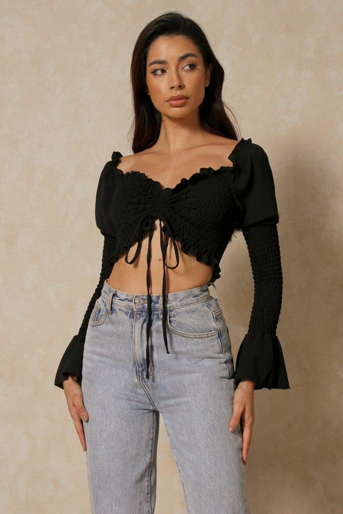 Womens Shirred Ruched Front Crop Top - black - M/L, Black