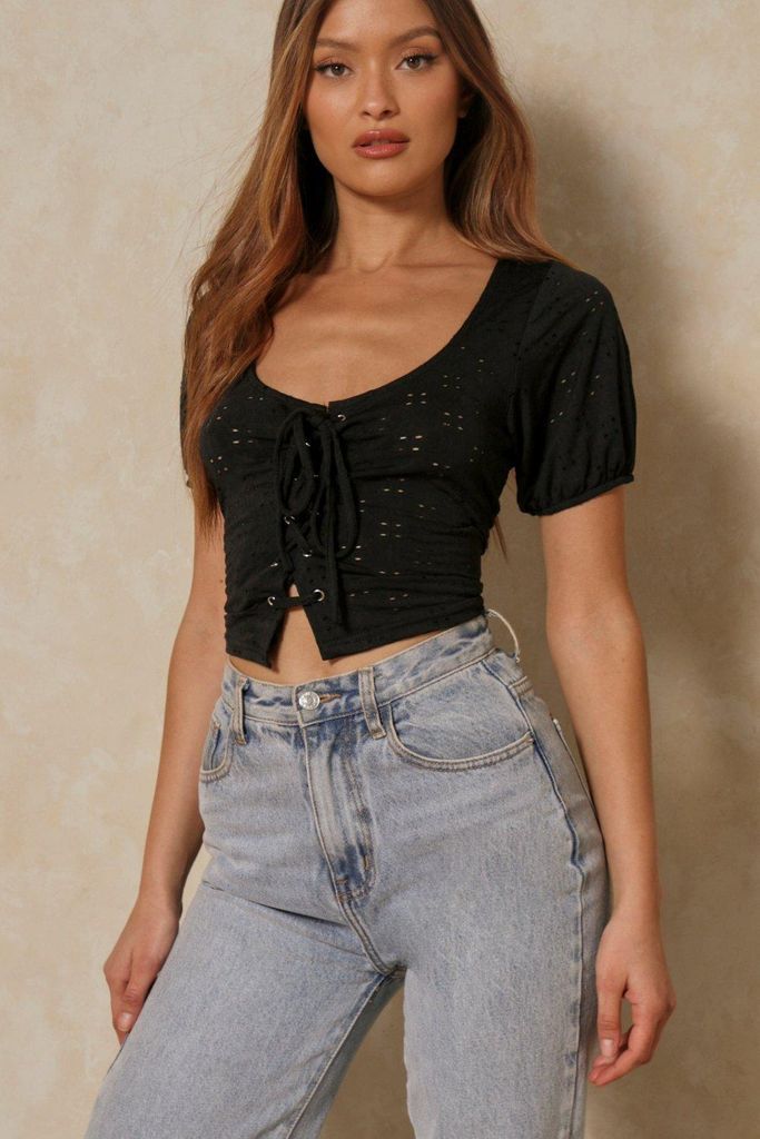 Womens Embroidery Analgise Lace Up Crop Top - black - S, Black