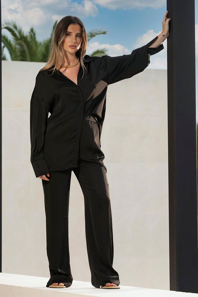 Womens Tia Premium Satin Relaxed Oversized Shirt - black - 8, Black