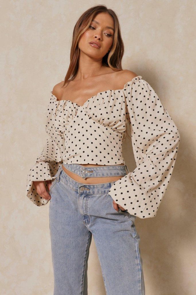 Womens Polka Dot Off The Shoulder Top - nude - 6, Nude