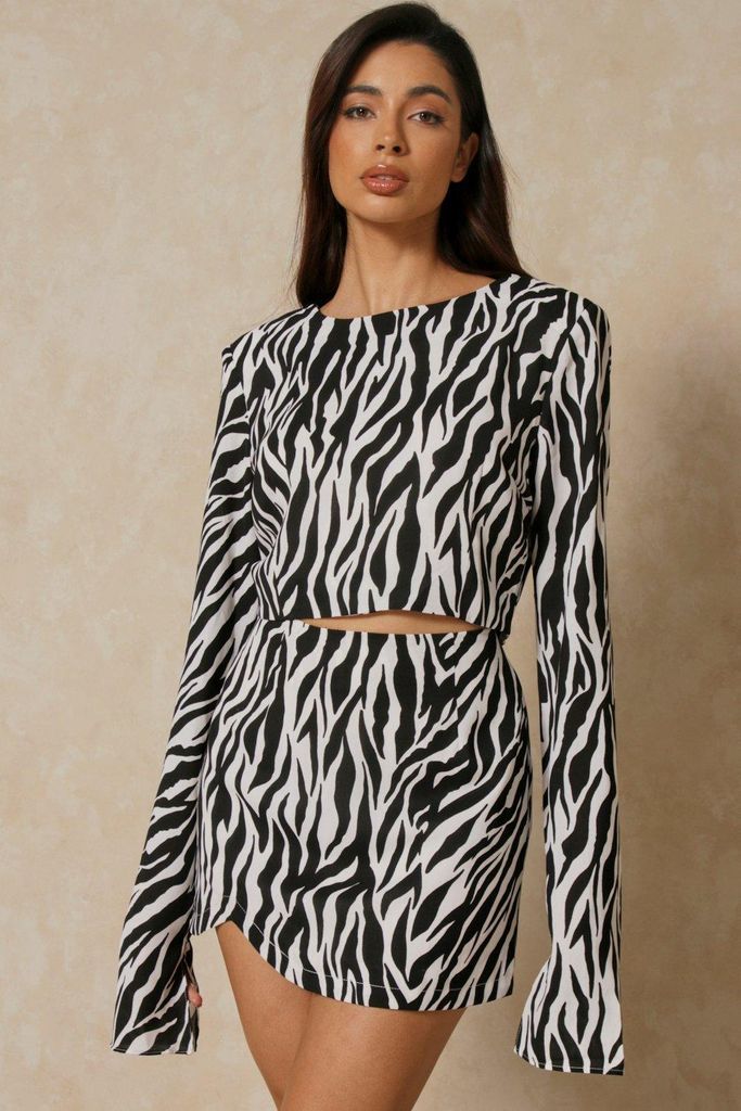 Womens Zebra Print Shoulder Pad Top Skirt Co-ord - black - 12, Black