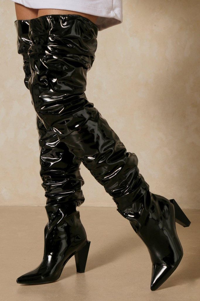 Womens Patent Thigh High Heeled Boot - black - 3, Black