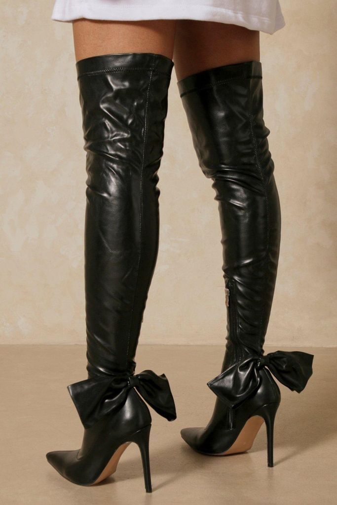 Womens Leather Look Bow Detail Thigh High boots - black - 3, Black