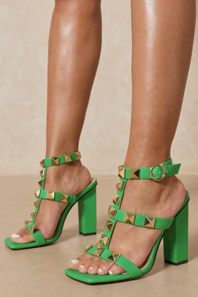 Womens Studded Block High Heels - green - 3, Green