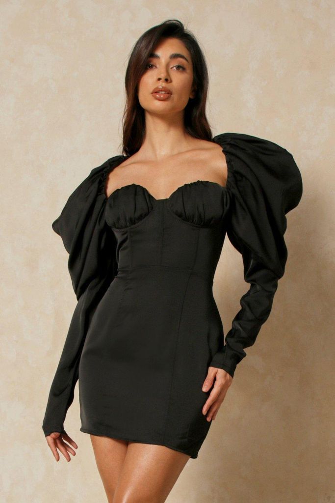 Womens Premium Satin Extreme Puff Shoulder Mini Dress - black - 6, Black