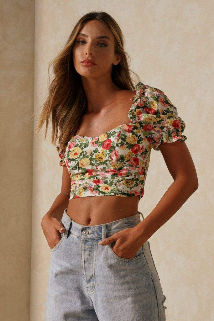 Womens Puff Sleve Floral Crop Top - white - 6, White