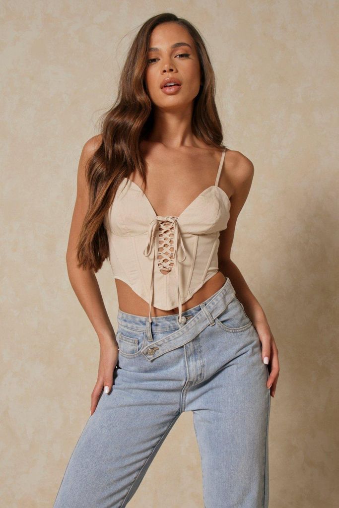 Womens Structured Lace Up Corset Top - stone - 6, Stone