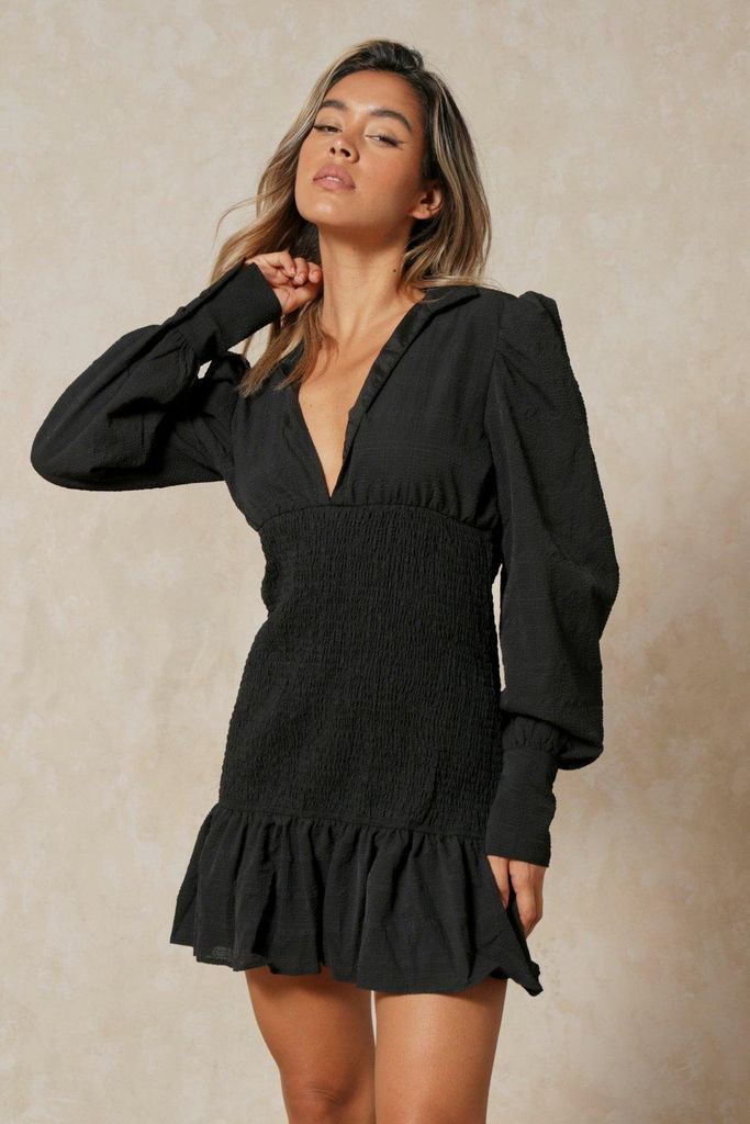 Womens Textured Puff Sleeve Shirring Detail Dress - black - 6, Black
