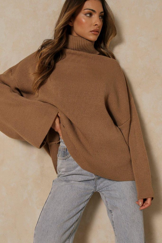 Womens roll/polo neck Oversized Jumper - camel - S/M, Camel
