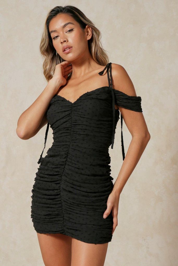 Womens Dobby Mesh Ruched Off The Shoulder Dress - black - 6, Black