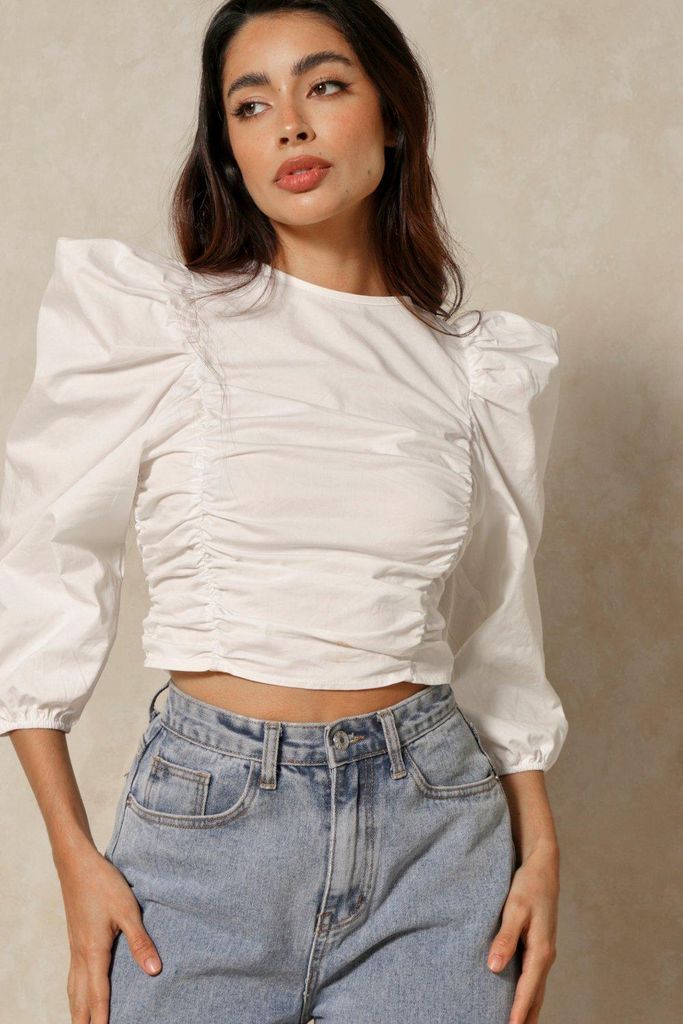 Womens Ruched Puff Sleeve Top - white - 6, White
