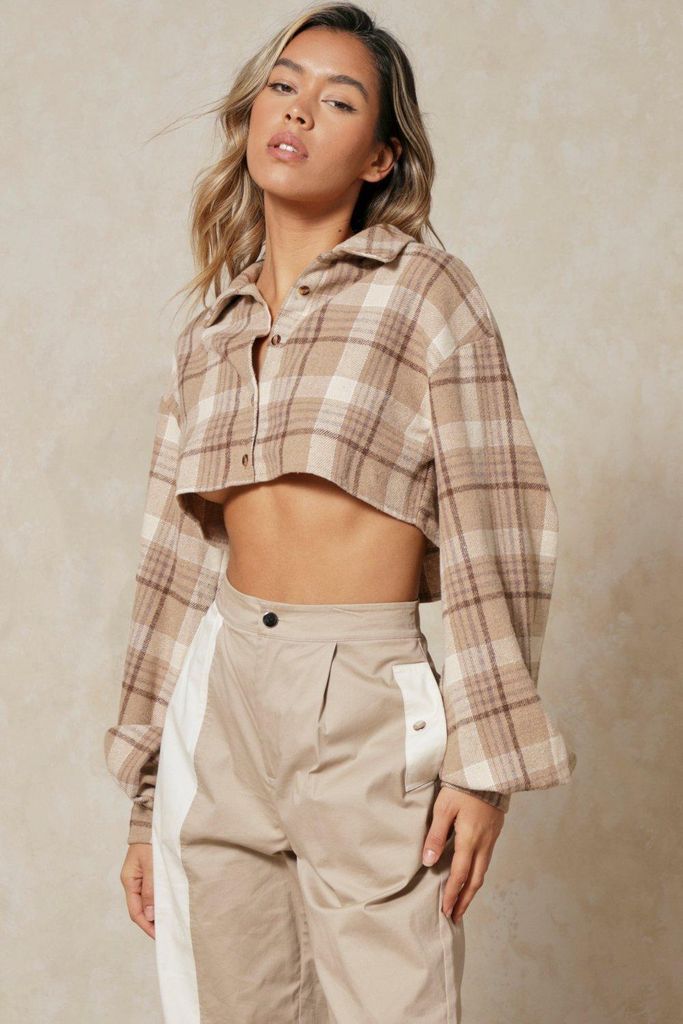 Womens Oversized Cropped Brushed Check Shirt - brown - 8, Brown