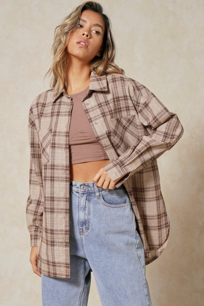 Womens Oversized Checked Linen Look Shirt - brown - 6, Brown